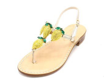 Lemon - Handmade Capri Sandals - Made in Italy - Jeweled Sandals - Genuine Tuscan Leather - Capri Sorrento Positano Amalfi