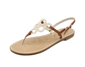 Handmade women's sandals in genuine leather with hand-embroidered rings, Capri, made in Italy, artisanal, Capri, Positano, low flip-flops