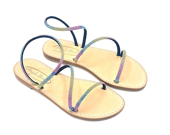 CHIARA - Handmade Capri Sandals - Made in Italy - Multicolored Multi Rhinestones - Genuine Tuscan Leather Active Active