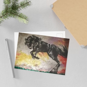 Cartes postales artistiques, peinture acrylique cheval noir, décoration d'intérieur, oeuvre d'art mural, cadeau pour les amateurs de chevaux, ensemble de papeterie