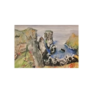 May include: A watercolor painting depicting a coastal landscape with jagged cliffs in shades of green, brown, and grey. The scene features a blue ocean with white crashing waves against dark rocks, and small red floral accents on the grassy foreground.