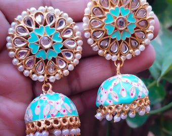 Handcrafted Painted Jhumkies -Traditional Kundan & Pearl Jhumki Earrings - GIFT For Mom/ Wife/ Sister -Meenakari Painting Jhumka Earrings