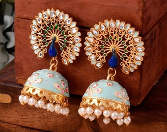 Handcrafted Painted Jhumkies -Traditional Kundan & Pearl Jhumki Earrings - GIFT For Mom/ Wife/ Sister -Meenakari Jhumka Earrings