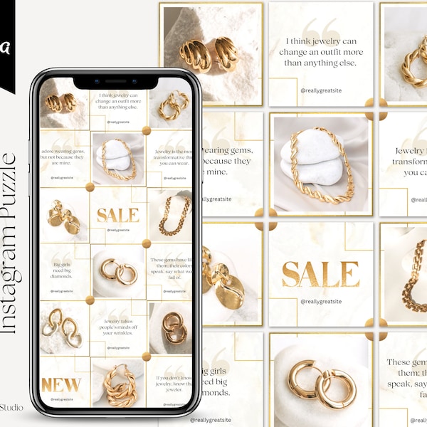 Luxury Gold Marble Jewelry Instagram Templates, Canva Instagram Templates, Jewelry Instagram Templates Canva, Gold Jewelry Instagram Puzzle