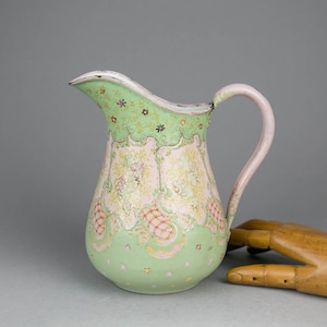 Antique French Pink & Green Enamel Water Jug, 1890s, Art Nouveau hand-painted floral decoration, French cottage, shabby chic style