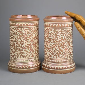 Two antique Spanish luster glaze Hispano-Moresque pharmacy jars/ albarellos, Manises ceramic - 18th/ 19th century