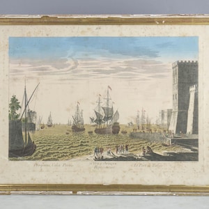 Vista óptica original antiga do século XVIII "Porto de Calais" de Jean-François Daumont/Paris, ca. 1760, gravura colorida à mão em estilo shabby chic
