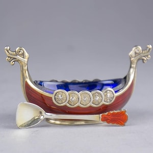 Vintage sterling silver and red enamel novelty Viking ship salt dish and spoon -Theodor Olsens/ Norway