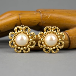 Vintage NINA RICCI Signed 1980s Gold Tone Pearl Ear Clips, French costume jewellery earrings