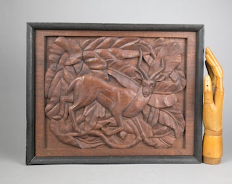 Vintage Carved Art Deco "Antelope" Framed Bas Relief Plaque