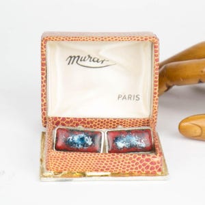 Unique vintage French 1960s cufflinks - fire enamel - silver tone Mid-century modern MCM accessory for men
