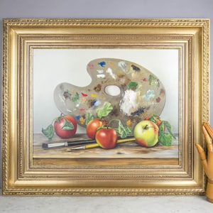 Original vintage hyperrealistisches Öl auf Holz Stillleben &quot;&quot;Äpfel und Malerpalette&quot;&quot; - belgischer Künstler Ferdinand Roevens - vergoldeter Rahmen.&quot;