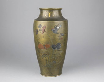 Antique Japanese Meiji-period mixed metal, gold & silver inlay bronze vase
