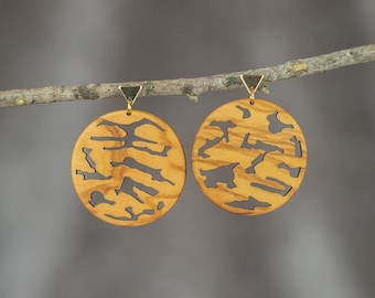 French solid olive wood earrings. Original creation & artisanal manufacturing - 100% Made in France - NIBAL model