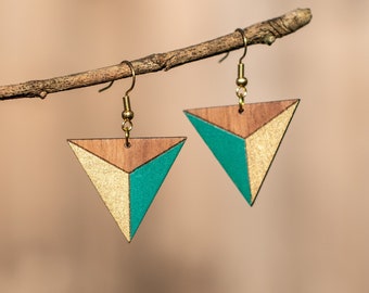 VEGA - Geometric wooden earrings, solid French walnut. Hand painted. Original creation Made in France