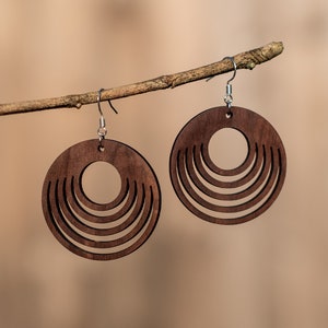 Wooden hoop earrings, solid French walnut. Original creation 100% Made in France GAIA model image 1