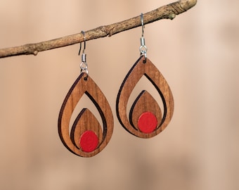 HERA - Wooden drop earrings, solid French walnut. Red - Hand painted. Made in France