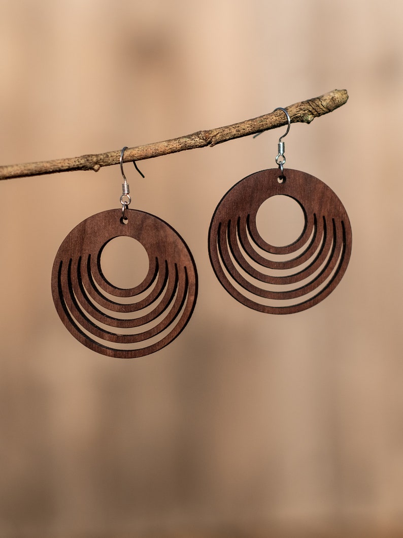 Wooden hoop earrings, solid French walnut. Original creation 100% Made in France GAIA model image 1
