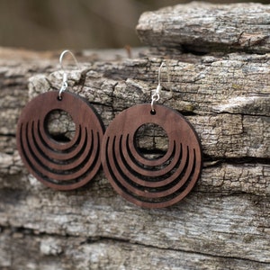Wooden hoop earrings, solid French walnut. Original creation 100% Made in France GAIA model image 2