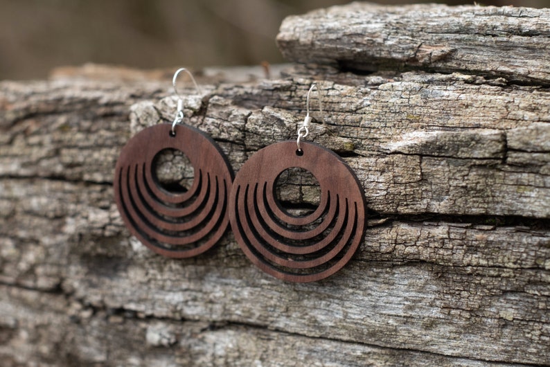 Wooden hoop earrings, solid French walnut. Original creation 100% Made in France GAIA model image 2