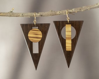 SOLYLUNA - Boucles d’oreilles en Palissandre des Indes et bois d’olivier massif. Bois précieux de récupération. Fabrication artisanale.