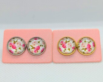 Pink Floral Pattern Ear Studs - Gold Plated - Flower Earrings - Flower Design Earrings - Floral Earrings - Flowery Earrings - Flower Print