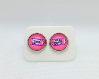 Pink Girl Power Ear Studs - Stainless Steel - Women Empowerment - Feminist Earrings