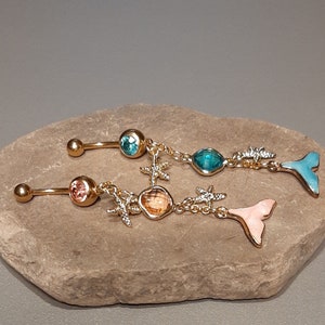 Mermaid Belly Button Rings In Blue & Pink - Surgical Steel - Gold Tone - Dangle Belly Ring - Navel Jewelry - Belly Button Piercing - 14G