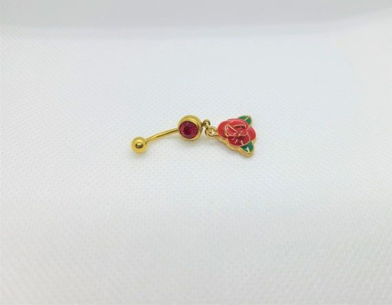 Metal Rose Petal Flower Gem Surgical Steel Belly Button Navel Ring Dangle Metal Rose Petal Flower Gem Surgical Steel Belly Button Navel Ring Dangle