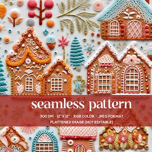 Gingerbread Embroidery Seamless, Christmas Cookie House Seamless Pattern, Winter Village Repeat Pattern, Gingerbread Digital Paper