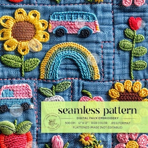 May include: A seamless pattern digital embroidery design featuring a variety of colourful embroidered elements on a denim background. The design includes a rainbow, a sunflower, a bus, a heart, and an apple.