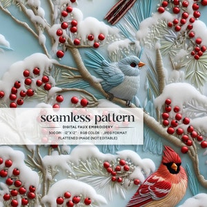 Könnte beinhalten: Ein nahtloses Muster mit einer Winterszene mit roten Beeren, schneebedeckten Zweigen und drei Vögeln. Die Vögel sind ein Blaumeise und zwei Kardinäle. Das Muster ist 30,48 cm x 30,48 cm groß und hat eine Auflösung von 300 DPI.