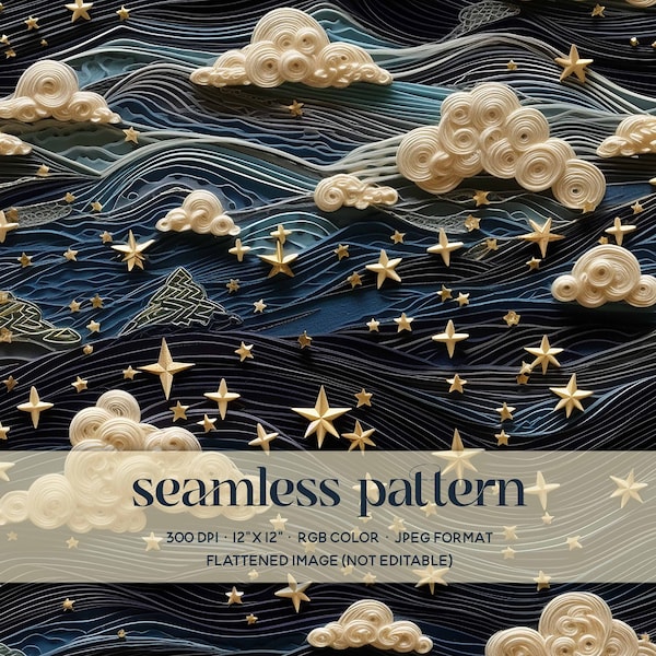 Starry Night Seamless Pattern, Cloudy Night Sky Digital Paper, Magical Night Embroidery Seamless, Stardust Digital Paper, Magical Background