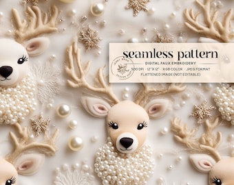 Winter Reindeer Seamless Pattern, Vintage Reindeer Faux Embroidery Seamless, White Christmas Seamless, Ivory Cream Winter Digital Paper,