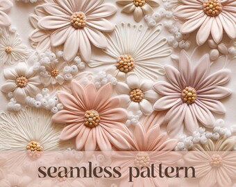Floral Embroidery Seamless Pattern, Pastel Daisy Seamless File, Boho Wedding Digital Paper, Romantic Flower Seamless Pattern,  Ivory, Cream
