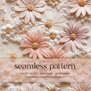 May include: A seamless pattern featuring a repeating floral design in shades of white and blush pink. The flowers have textured petals and golden-yellow centers. The image includes the text "seamless pattern" and details about the image format.