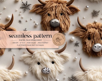 Christmas Highland Cow Seamless Pattern, Highland Cow Faux Embroidery Seamless File, Winter Snow Digital Paper, Cute Cow Repeat Pattern