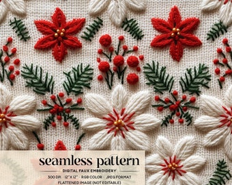 Poinsettia Embroidery Seamless File, Christmas Flower Digital Paper, Christmas Ugly Sweater Seamless, Christmas Fabric Texture Background