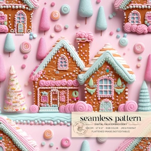 Patrón sin costuras de casa de galletas de jengibre rosa, casa de galletas pastel sin costuras, papel digital de pueblo navideño rosa, patrón de invierno rosa