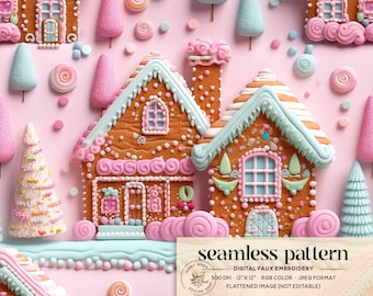 Pink Gingerbread Cookie House Seamless Pattern, Pastel Cookie House Seamless, Pink Christmas Village Digital Paper, Pink Winter Pattern