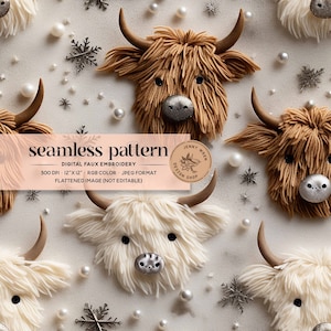 Christmas Highland Cow Seamless Pattern, Highland Cow Faux Embroidery Seamless File, Winter Snow Digital Paper, Cute Cow Repeat Pattern