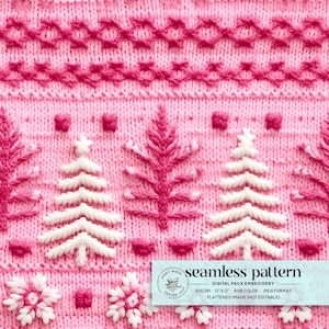 Pink Christmas Tree Faux Embroidery Seamless, Xmas Tree Seamless Pattern, Cute Christmas Tree Repeat Pattern, Pink Retro Winter Background