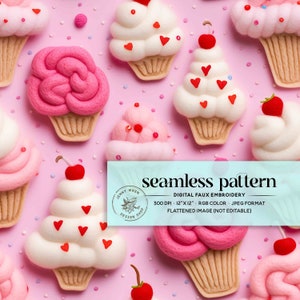 Pink Valentine’s Day Cupcake Faux Embroidery Seamless File, 3D Valentines Love Cupcakes Seamless Pattern, Retro Pink Bakery Digital Paper
