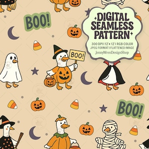 Neutral Halloween Silly Goose Seamless Pattern, Spooky Porch Geese Repeat File, Funny Trick or Treat Costumes Digital Paper for Sublimation