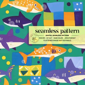 Retro Summer Groovy Sharks Seamless Pattern, Funky Bright Neon Shark Digital Paper, Trendy Boys Safe Swim Repeat File for Fabric Sublimation