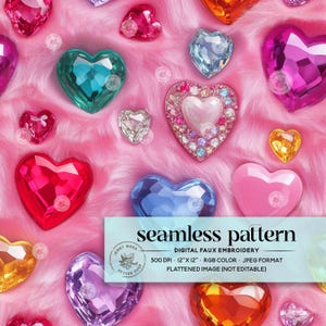 Puede incluir: Un patrón sin costuras con un fondo rosa con gemas en forma de corazón de colores. Las gemas son de varios colores, incluyendo rojo, azul, verde, morado y naranja. El patrón es de 30,48 cm por 30,48 cm y tiene una resolución de 300 DPI. La imagen está aplanada y no es editable.