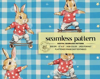 Vintage Skateboard Easter Bunny Seamless Pattern, Trendy Boy Repating File (Digital Paper for Sublimation)