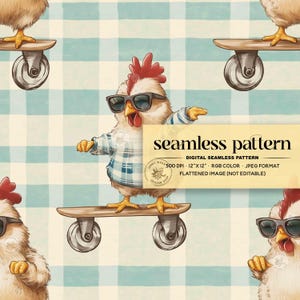 May include: A seamless pattern featuring a cartoon rooster wearing sunglasses and a plaid shirt, riding a skateboard on a blue and white checkered background. The text "seamless pattern" is at the top of the image.