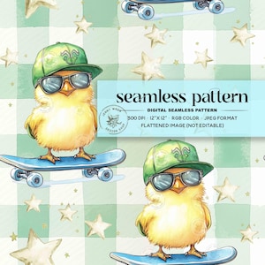 Può includere: Un motivo senza cuciture con un pulcino giallo con occhiali da sole e berretto verde, su uno skateboard blu. Lo sfondo è un motivo a scacchi verde chiaro con stelle bianche. Il testo "seamless pattern" è visualizzato.