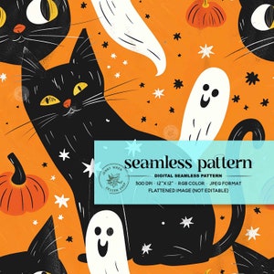 Padrão sem emendas de gatos pretos de Halloween, papel digital de gatinho fantasma, papel digital fofo e assustador, gatos bruxos, abóboras e fantasmas, arquivo de repetição